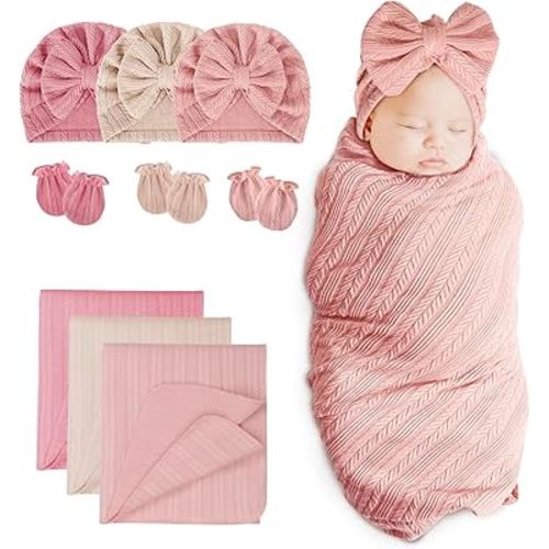 BQUBO Newborn Receiving Blanket Hat Mittens Set for Baby, Unisex Baby Boys Girls Essentials, Newborn Registry Must Haves, Stroller Crib Shower Gifts