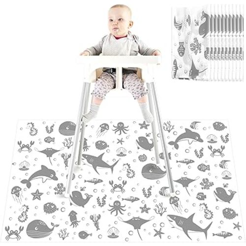 Drydiet 100 Pack 28"x47" Disposable Floor Splat Mats for Under High Chair with Animals Print, Waterproof Plastic Floor Mat Multipurpose Baby Led Weaning Supplies(Sea Animal)