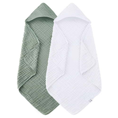 2 Pack Hooded Baby Towels - 100% Muslin Cotton for Newborns, Infants, Toddlers - Large 32x32Inch Size - Highly Absorbent and Essential for Newborn Care