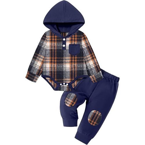 Fommy Baby Boy Clothes Flannel Plaid Outfits Long Sleeve Hoodie Romper Fall Winter 2 Pcs Clothes for Boy