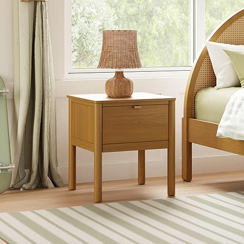 Babyletto Bondi Assembled Nightstand for Kids Bedroom - GREENGUARD Gold Certified Modern Boho Bedside Table with Storage Drawer & Vegan Leather Pull - Versatile Wood Night Stand for Kids & Guest Rooms