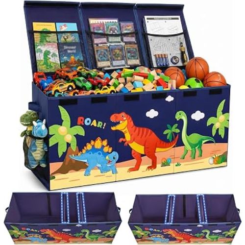 Unicorn Castle Toy Box with Adjustable Divider Toy Chest Storage Large Toy Storage Organizer Bin Collapsible with Lid Pockets for Nursery Playroom,Dark Blue Dinosaur