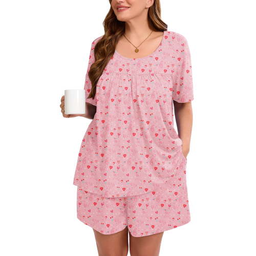 SHOWMALL Women's Plus Pajama Sets Pleated Front Loungewear Pink Tiger Hearts 3X Floral Sleepwear Ladies Pjs Sets with Pockets