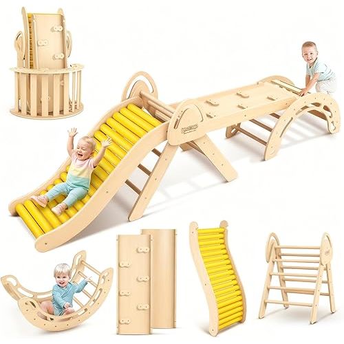 Pikler Triangle Set for Kids, 10 in 1 Toddler Climbing Toys Indoor, Foldable Wooden Montessori Climbing Set, Indoor Playground Baby Jungle Gyms for Kids 1-3 with Arch, Ramp, Ladder and Roller Slide
