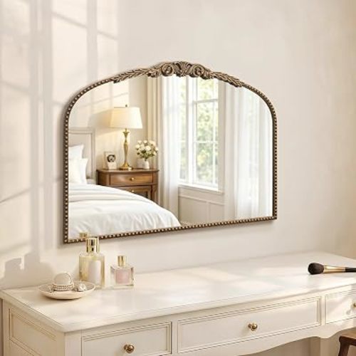 Gold Vintage Vanity Mirror: 32"x 24" French Baroque Arched Mirror - Traditional Ornate Antique for Fireplace/Bathroom/Entryway/Dresser - Home Decor for Living Room