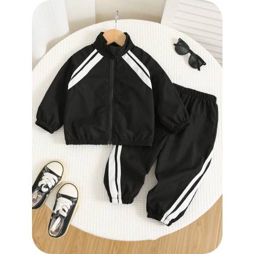 2pcs/Set Baby Boy/Girl Thick Utility Style Black Collar Jacket Long Sleeve Sweatshirt And Black Jogger Pants Outfit, Comfortable Casual Sporty Basic Suit For Fall/Winter, Suitable For Indoor, Outdoor, Daily Wear, Sports, Party, Photo Shoot, Festival, Stre