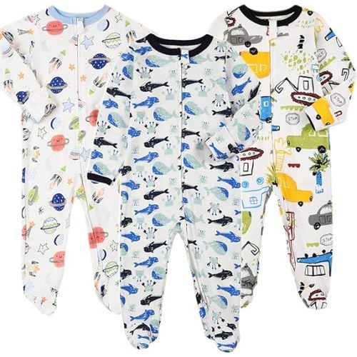 Aablexema Baby Footie Pajamas with Mittens - 3Pcs Infant Cotton Footed One Piece Sleepwear Outfits