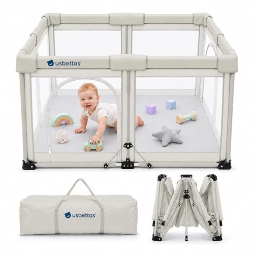 usbettas Foldable Baby Playpen, 1-Minute Setup, Lightweight Portable Playpen with Carry Bag, 50"x50" Indoor Outdoor Safty Play Yard for Babies & Toddlers, Beige