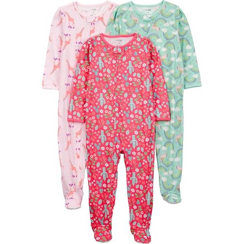 Simple Joys by Carter's Baby and Toddler Girls' 3 Pack Loose Fit Polyester Jersey Footed Pajamas
