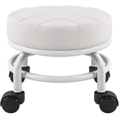 FURWOO Low Roller Seat PU Leather Rolling Stool Step Stool Mechanic Stool on Wheels for Home Office Garage Shop White