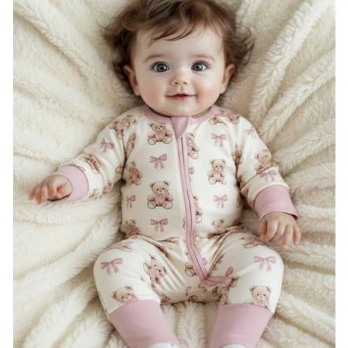 Newborn Baby Girl Cute Knitted Colorblock Cartoon Bear Pattern Long Sleeve Romper Pajamas