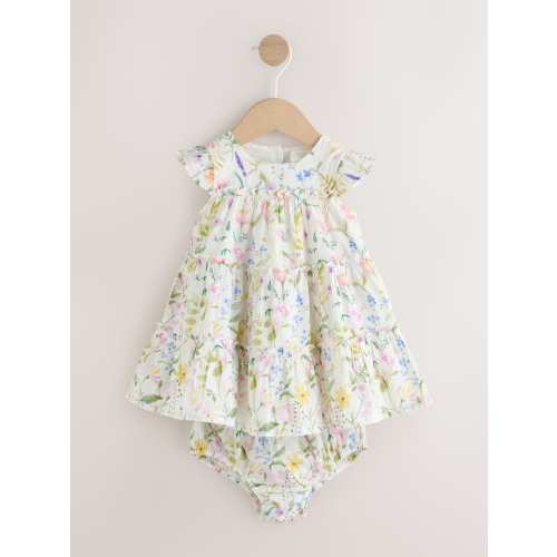 White Floral Baby Tiered Woven Dress and Knickers Set 2 Piece (0mths-2yrs)