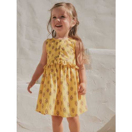 Yellow Woodblock Sleeveless Peplum Dress (3mths-8yrs)