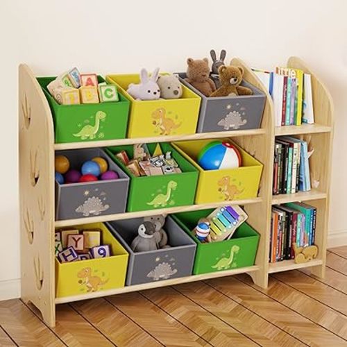 Toy Storage Organizer with 3 Shelves and 9 Bins, Green Dinosaur Bookshelfa nd Bookcase for Kids, Playroom Toy Bin Shelf for Bedroom & Room, 41.9" W