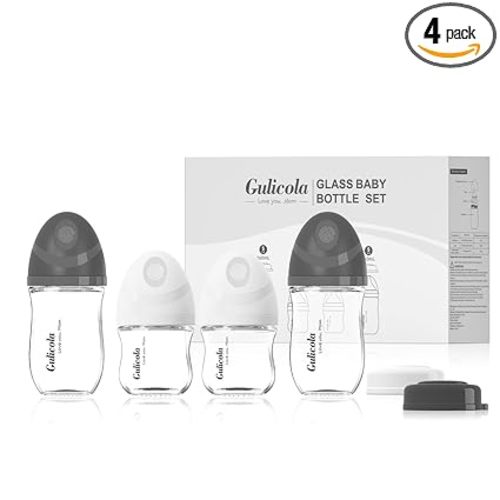 Gulicola Natural Glass Baby Bottles Set 4 Pack, Newborn Boy Breastfeeding Bottles with Slow Flow Nipples, 0 Months+, 3 oz & 5 oz - Black/White