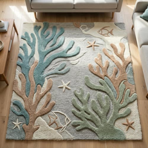 Coastal Starfish Wool Rug, Abstract Hand Tufted Colorful Sea Area Rugs