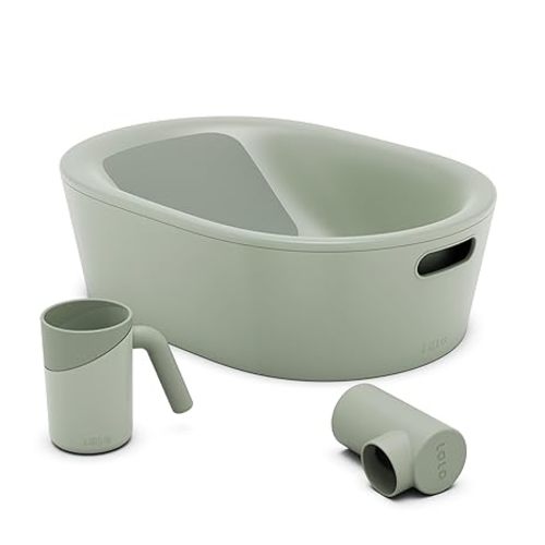 Lalo Bathtime Starter Kit - 3-Piece Set Includes Modern Baby Bathtub, Rinse Cup & Spout Cover - Safe, Easy to Clean Design for Newborns - 25.3 x 18 x 7.7 in, 10 lb - Sage
