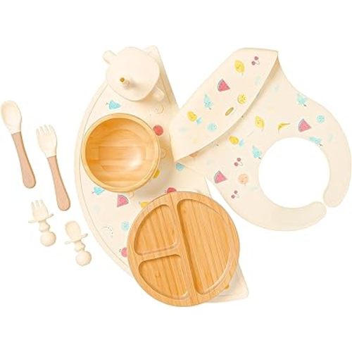 Bamboo & Silicone Baby Feeding Set 8 PCS | Baby Led Weaning Supplies Self Feeding | Divided Suction Plate Bowl Bib Sippy Cup with Straw Utensils Baby Bowls and Spoons Toddler Feeding Set (Vanilla)