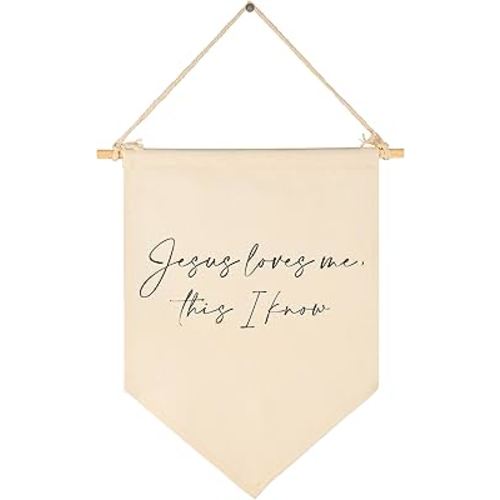 Jesus Loves Me This I Know-Scripture Pennant Flag Sign Gift for Baby Boys Girls Kids-Christian Bible Verses-Canvas Hanging Pennant Banner Wall Decor Gift for Nursery Baby Room Homeschool Playroom