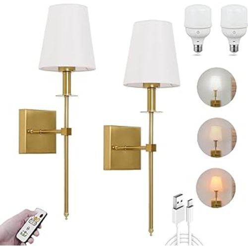 Battery Operated Wall Sconce Wireless Living Room Sconces with Remote Control, Indoor Dimmable Battery Operated Wall Lamp Gold with Battery Operated Led Bulb Lights, not Hardwired Sconce Fixture