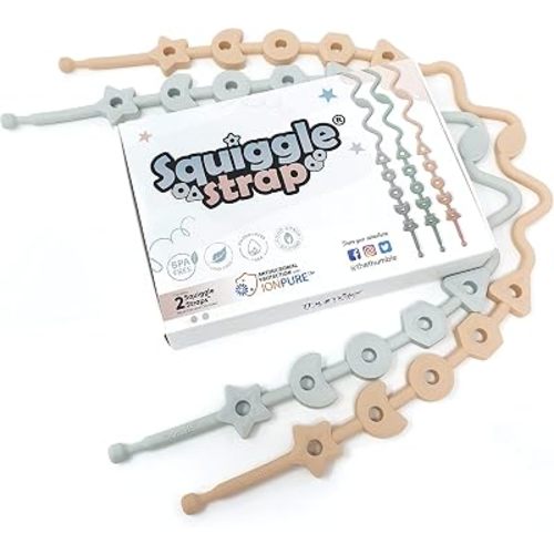 Squiggle Strap® 2pcs Toy Straps, Food Grade Platinum-Cured LFGB Silicone Baby Toy Tether for Teethers, Sippy Cups, Strollers, Wagons & High Chairs (Blush Pink + Cool Grey)