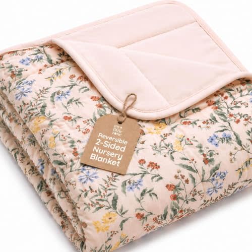 100% Cotton Baby Blankets for Girls, 41"x 27.5" Reversible 2-Sided Nursery Bed Blankets, Soft and Breathable Toddler Blanket, Cozy Crib Comforter and Crib Blanket Nursery Gift Set Newborn Essentials