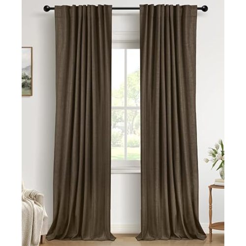 Faux Linen Total Blackout Curtains for Bedroom 84 Inches Long, Dark Brown
