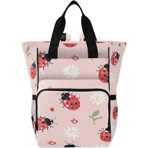 Lady Bugs on Pink Diaper Bag Backpack Waterproof Travel Baby Bag with Stroller Straps Large Capacity Multi Function Changing Bags