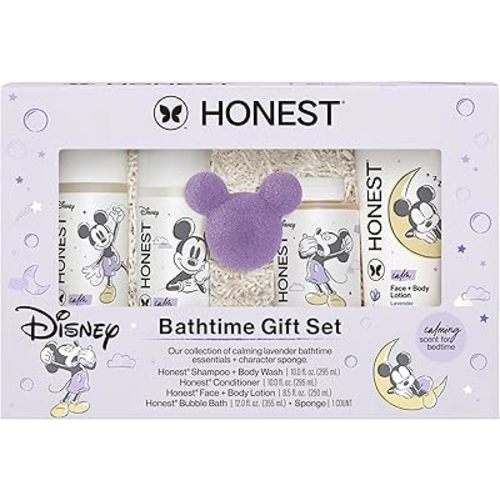 The Honest Company Calm Lavender Bathtime Gift Set and Disney Design Hypoallergenic Bath for Sensitive Baby Skin Shampoo and Body Wash Face and Body Lotion Bubble Bath Conditioner Sponge