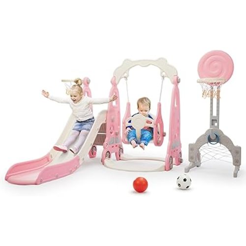 6 in 1 Toddler Slide and Swing Playset, Indoor and Outdoor Kids Slide Playground for Toddlers Age 1-8, Toddler Slide with Swing, Climber, Basketball Hoop and Ring Toss Game