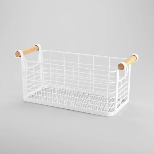 6.25 '' x 13.75" x 6" Small Rectangular Wire Natural Wood Basket with Handles White - Brightroom™