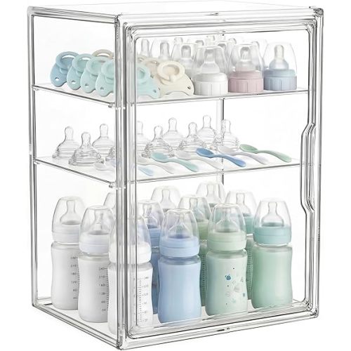 Baby Bottle Organizer, 3-Tier Clear Nursery Storage Bin with 2 Removable Dividers for Bottles, Sippy Cups, Pump Parts, Formula and Feeding Essentials (X-Large)