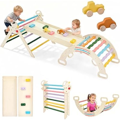 DUMOS Pikler Triangle Set, Toddler Climbing Toys and Play Structure Indoor, 9-in-1 Wooden Montessori Climbing Set with Arch, Ramp and Ladder, Foldable Baby Jungle Gym, Multicolored