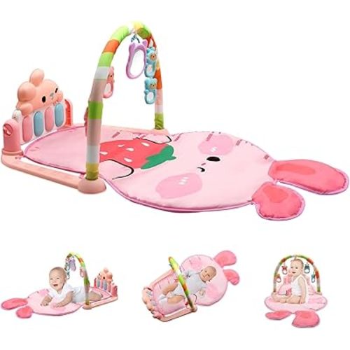 Baby Play Mat Baby Gym, Funny Play Piano Tummy Time Baby Activity Mat with 4 Infant Sensory Baby Toys, Music and Lights Boy & Girl Gifts for Newborn Baby 0 to 3 6 9 12 Months - STRAWBERRY