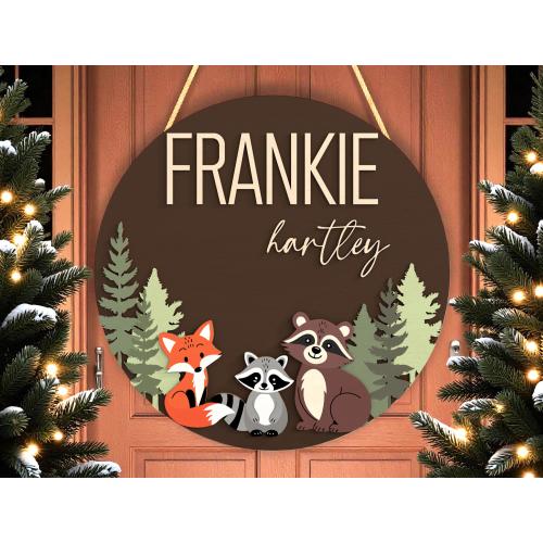 Personalized Woodland Nursery Name Sign | Fox Raccoon Bear Baby Wall Decor | Custom Rustic Animal Door Plaque | Forest Theme Kids Name Sign