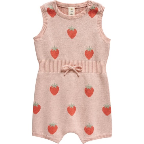 Baby Ribbed Waist Cotton Romper, Pink English- Multi Strawberry
