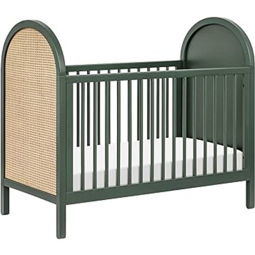 babyletto Bondi Cane 3-in-1 Convertible Crib with Toddler Bed Conversion Kit in Forest Green with Natural Cane, Greenguard Gold Certified