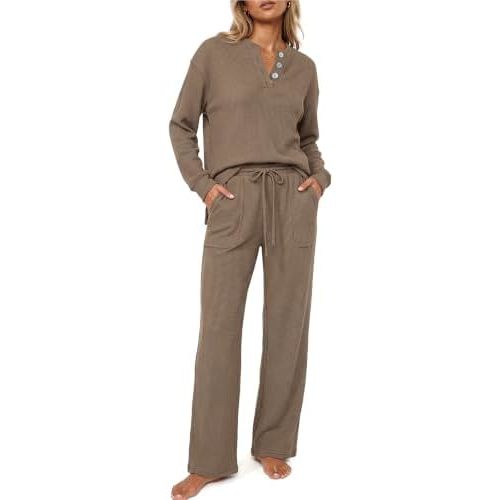 OUGES Women's Waffle Knit Long Sleeve 2 Piece Lounge Sets
