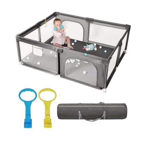 Baby Playpen with Mat, 71" x 59" Extra Large Play Yard for Babies and Toddlers, Baby Fence with Soft Thick Play Mat, Indoor Safety Activity Center for Infants, Easy to Assemble and Clean(Gray)