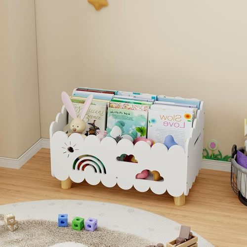 Wood Kids Bookshelf, Montessori Bookshelf, With 2 Adjustable Dividers, Suitable Kids Rooms, Nursery & Classroom, Kids Bookshelf And Toy Storage, Toddler Book Rack, Nursery Book Shelves, (White) big