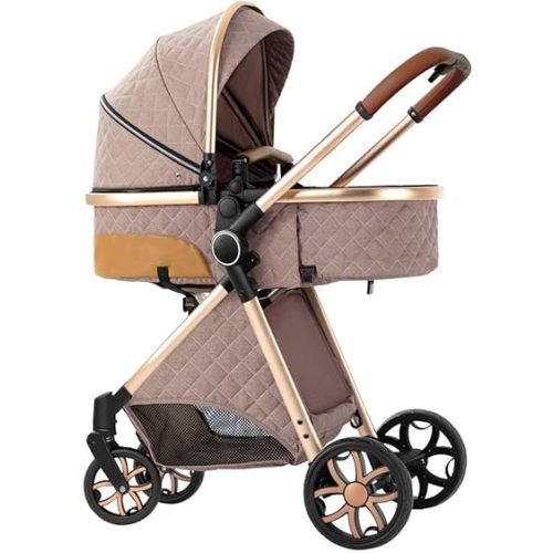 2 in 1 Baby Stroller,Infant Stroller Convertible,High Landscape Baby Carriage,Foldable Pushchair with Adjustable Canopy(Khaki)