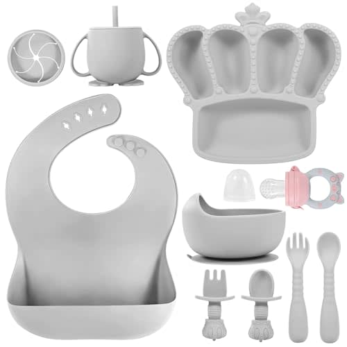 Silicone Baby Feeding Set 10 Pcs Baby Led Weaning Supplies Baby Essentials | Suction Bowl Divided Plate Baby Bibs Fruit Feeder Baby Spoons Forks Sippy Cup Toddler Utensil Sets Baby Essentials