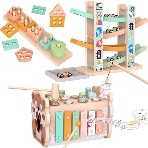 Wooden Montessori Toys for 1 Year Old, Pounding Hammering Toy with Xylophone & Fishing Game, Car Ramp Toy, Stacking Blocks & Shape Sorter 3 in 1 Wooden Toddler Toys 1 2 3 for Christmas Birthday Gifts