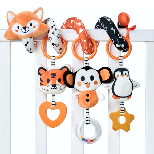 TUMAMA Baby Car Seat Toys, Black and White High Contrast Newborn Infant Hanging Toys, Crib Stroller Spiral Wrap Toys with 3 PCS Animal Rattles, Sensory Toys for 0-12 Months