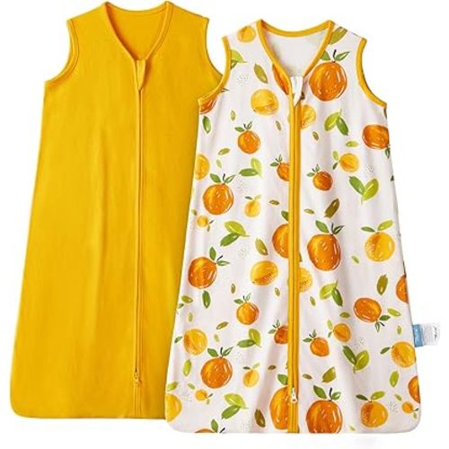 TILLYOU 2 Pack Infant Sleep Sack 0-6 Months 100% Cotton Wearable Blanket 0.5 TOG Sleeveless Summer Sleep Sacks with 2-Way Zipper, Orange Flavour & Orange