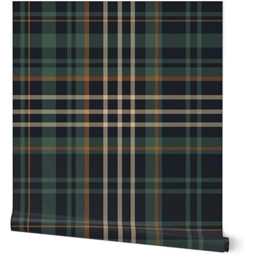 Peel & Stick Wallpaper 6ft x 2ft - Dark Green Check Rustic Cabin Autumn Plaid Cozy Fall Forest Teal Blue Custom Removable Wallpaper by Spoonflower