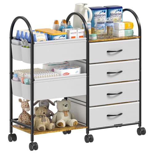 Baby Diaper Caddy Organizer Cart with Wheels, 4-Tier Rolling Diaper Cart with Dividers and Drawers, Multi-Layer Nursery Storage for Diapers & Baby Essentials