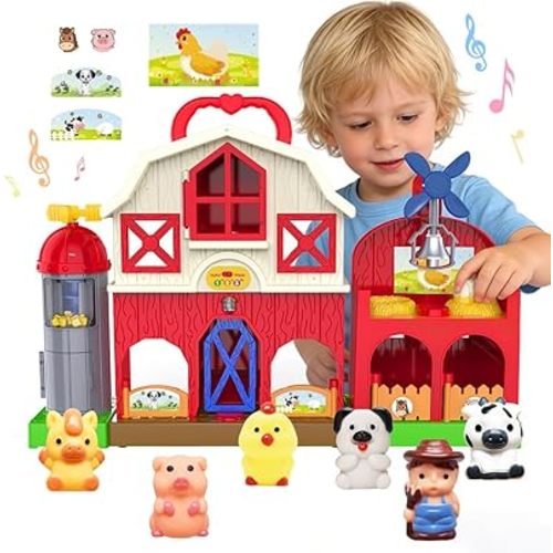Farm Animal Barn Toys for Toddlers 1-3, Red Barn Play Farm Set with Animals Sounds Toy, Musical Interactive Preschool Montessori Learning Farm Toys for Kids, Christmas Birthday Gift for Boy Girl