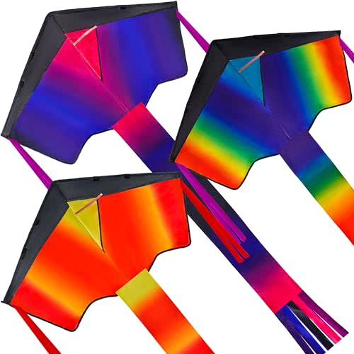 JOYIN 3 Packs Delta Multicolor Kite Warm and Cold Color Easy to Fly for Kids and Adults with 262.5 ft String, Large Delta Beach Kite for Outdoor Games and Activities