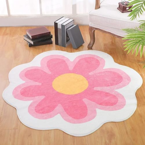 Tinideya Aesthetic Cute Flower Round Area Rug Non Slip Circle Soft Fluffy Flower Rug Indoor Floor Mat Carpet for Girls Bedroom Bathroom Living Room Sofa Nursery Decor(Pink, 4 ft)